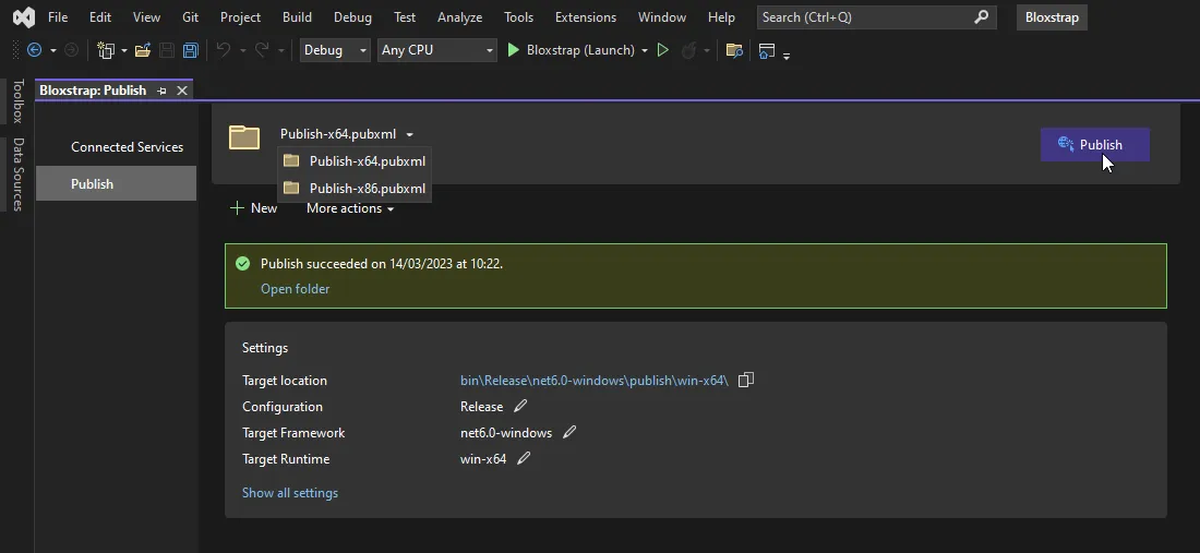 Screenshot showing the Visual Studio Publish menu with a 'Publish' button