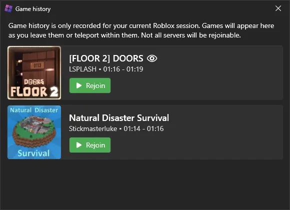 Bloxstrap game history window listing recent Roblox servers with Rejoin buttons
