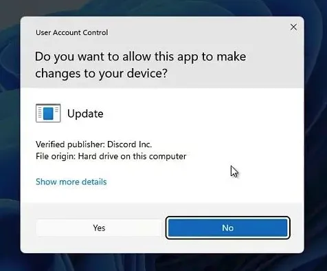 A screenshot showing a Windows User Account Control prompt of the Discord updater