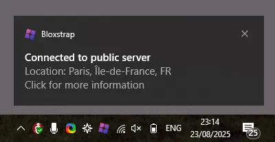 Windows notification from Bloxstrap showing the location of the connected Roblox server