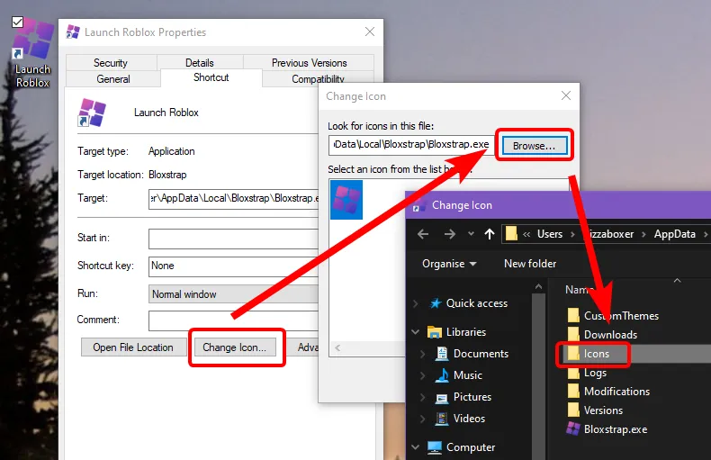 A screenshot of a Windows desktop showing the Properties window of a Bloxstrap desktop shortcut, clicking 'Change Icon', then 'Browse', then choosing the 'Icons' folder