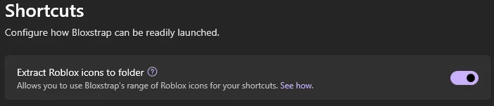 A screenshot of Bloxstrap Settings showing the 'Extract Roblox icons to folder' option