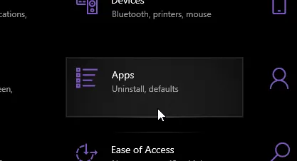 Screenshot showing the 'Apps' menu item in the Settings main screen
